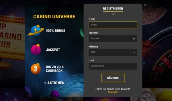 Casino Universe Screenshot der Registrierung