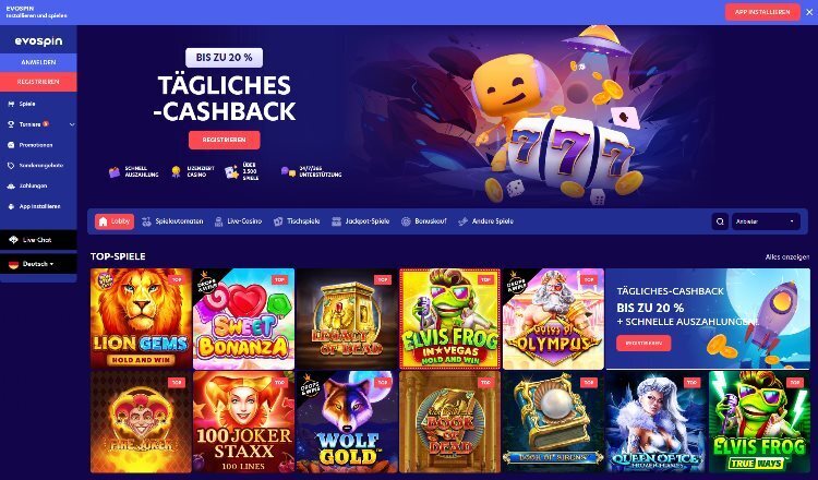 Evospin Casino Screenshot der Startseite