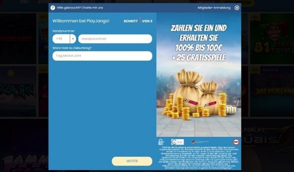 PlayJango Casino Screenshot der Registrierung