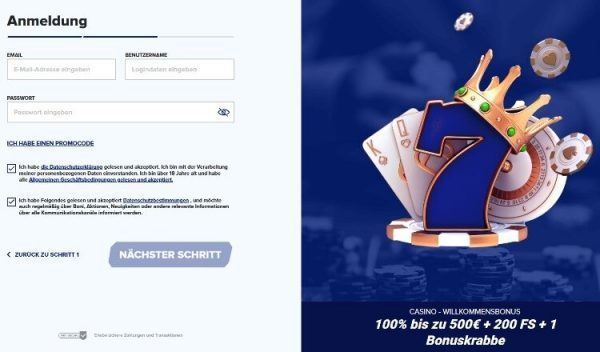 Sportaza Casino Screenshot der Registrierung