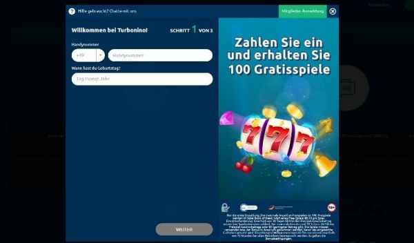 Turbonino Casino Screenshot der Registrierung