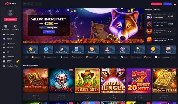 Woo Casino Screenshot der Startseite