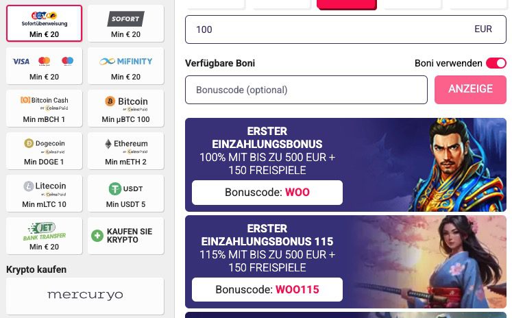 woocasino payment methods