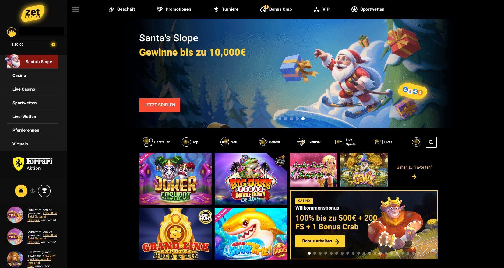 zet casino homepage